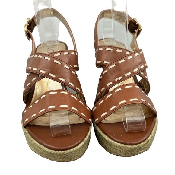 Ann Taylor LOFT Brown Leather Cream Stitching Platform Heels Women's Size 7M - Picture 7 of 11